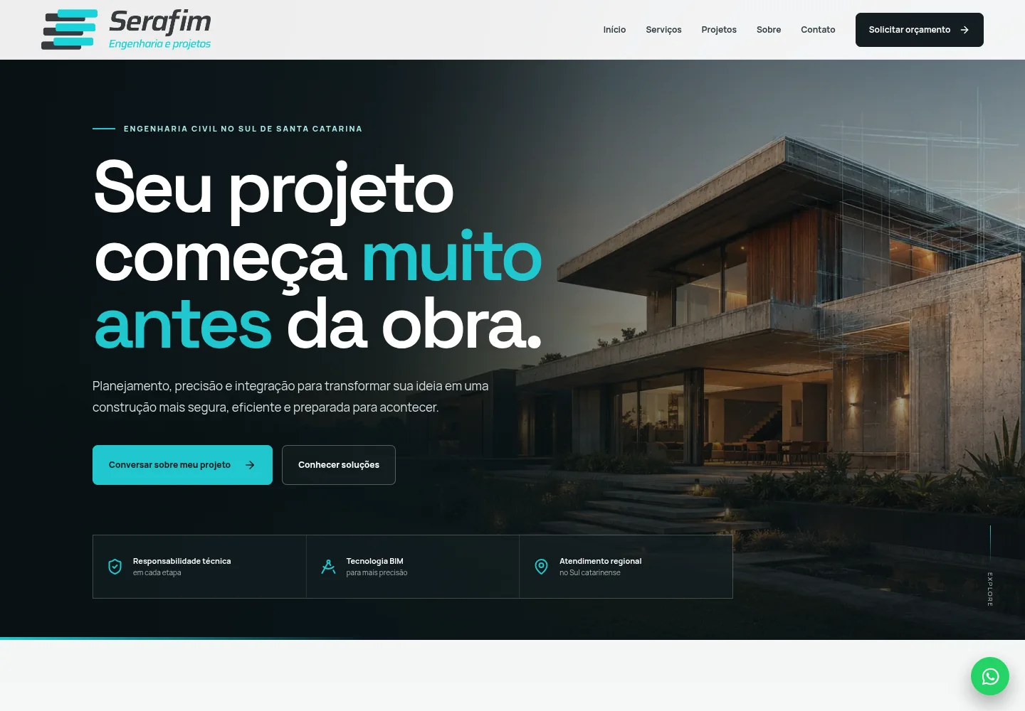 Tela inicial do site da Serafim Engenharia